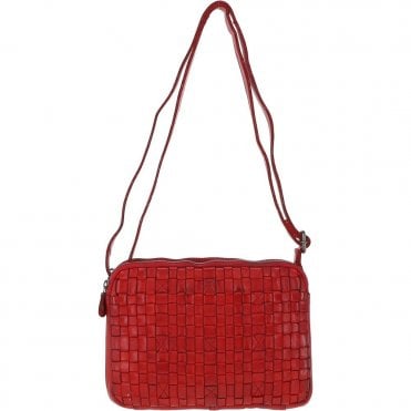 3 Section Vintage Woven Leather Shoulder Bag Red : D-71
