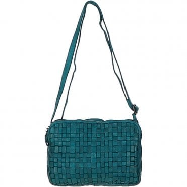 3 Section Vintage Woven Leather Shoulder Bag Turquise : D-71