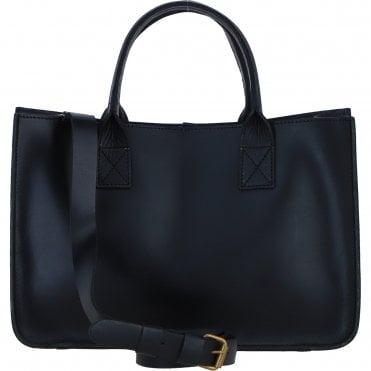 Exquisite Genuine Leather Medium Structured Tote Bag with Detachable Strap and Pouch in Black: S-02
