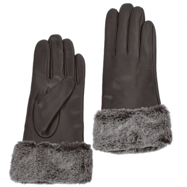 Faux Fur Tipped  Leather Gloves Brown : 103-A