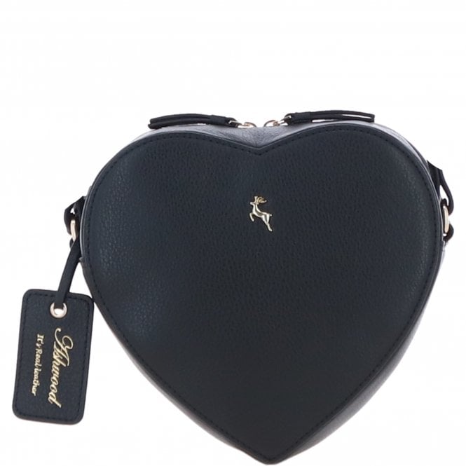 Ashwood Heart-Shape Leather Crossbody Bag with Floral Lining Black: Y-70
