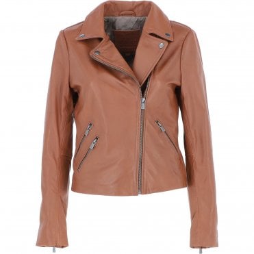 Ladies Leather Biker Jacket Tan: MB-131