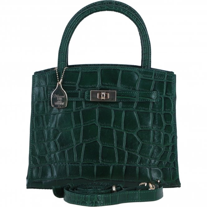 Ashwood Leather Compact Structured Handbag with Detachable Crossbody Strap in Green/Croc: C-75