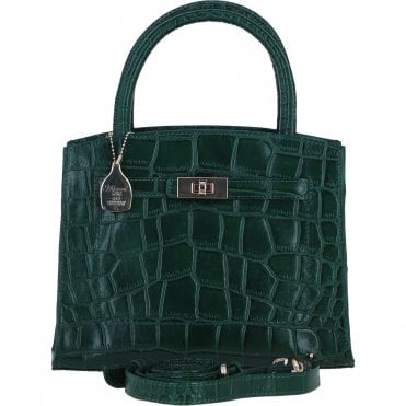 Ashwood Leather Compact Structured Handbag with Detachable Crossbody Strap in Green/Croc: C-75