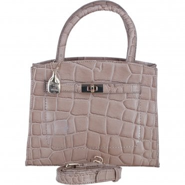 Ashwood Leather Compact Structured Handbag with Detachable Crossbody Strap in Mushroom/Croc: C-75