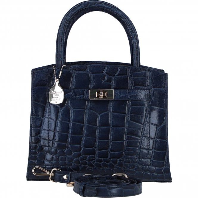 Ashwood Leather Compact Structured Handbag with Detachable Crossbody Strap in Navy/Croc: C-75