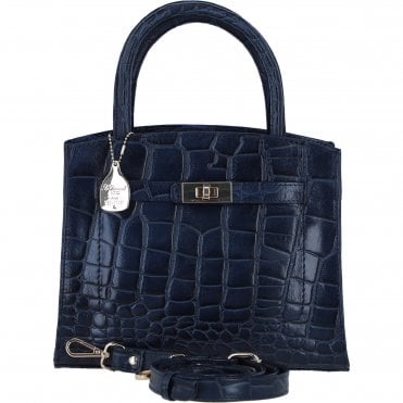 Ashwood Leather Compact Structured Handbag with Detachable Crossbody Strap in Navy/Croc: C-75