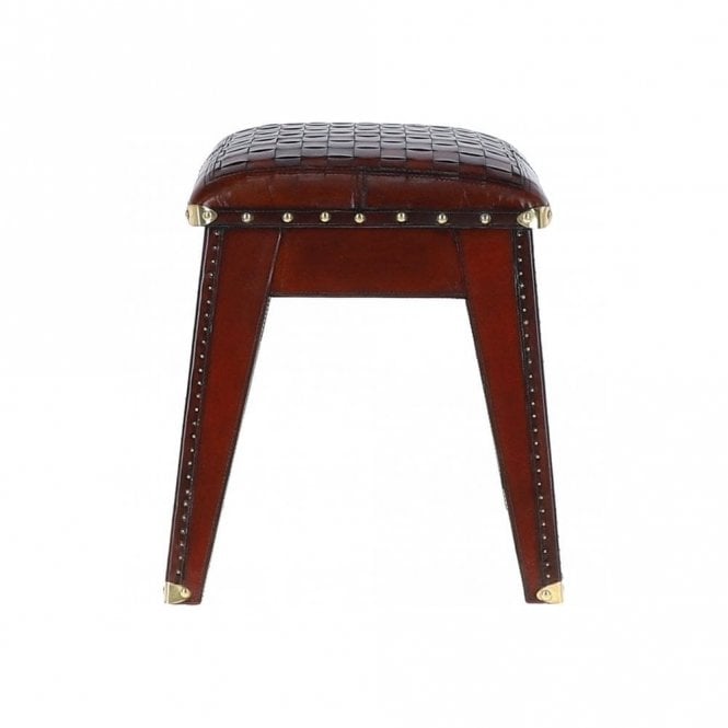 Ashwood Leather Covered Wood Frame Vintage Woven Leather Stool Chestnut: LF-142