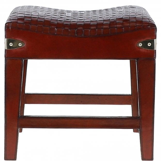 Ashwood Leather Covered Wood Frame Vintage Woven Leather Stool Chestnut: LF-143