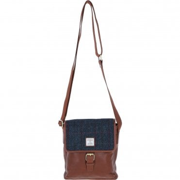 Ashwood Leather & Harris Tweed® Cloth Bodybag Tan/Navy: TW-41-11-TN