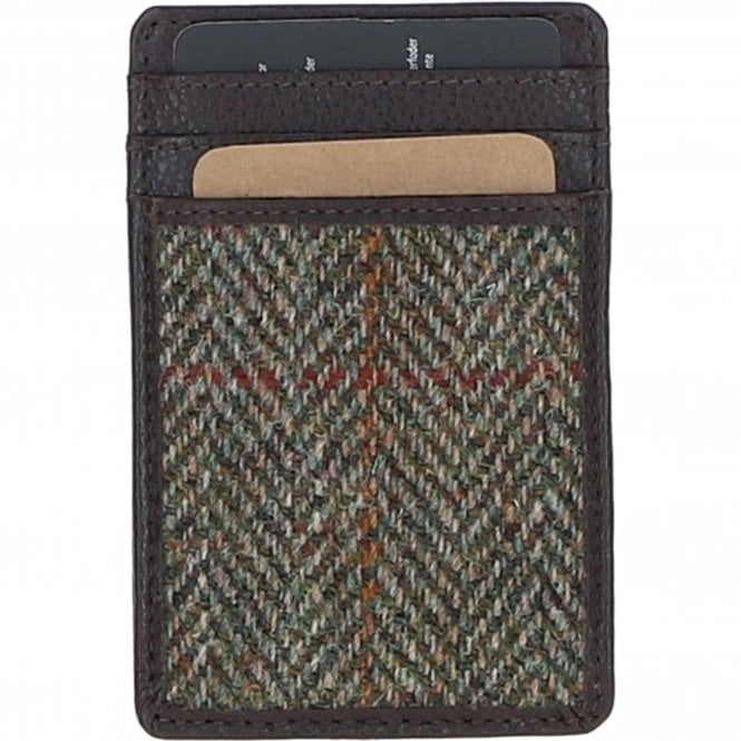 Ashwood Leather & Harris Tweed® Cloth Card Holder Brown/Green: TW-15-09-BG