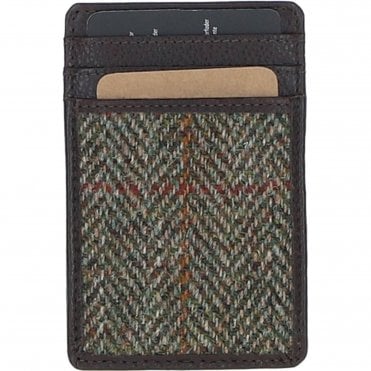 Ashwood Leather & Harris Tweed® Cloth Card Holder Brown/Green: TW-15-09-BG