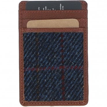 Ashwood Leather & Harris Tweed® Cloth Card Holder Tan/Navy: TW-15-011-TN