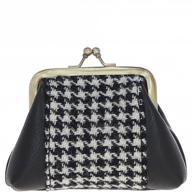 Ashwood Leather & Harris Tweed® Cloth Classic kiss-lock Purse Black/White: TW-13-012-BW