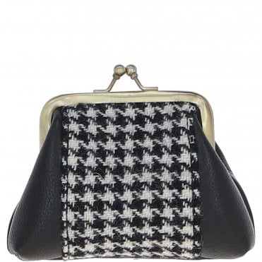 Ashwood Leather & Harris Tweed® Cloth Classic kiss-lock Purse Black/White: TW-13-012-BW