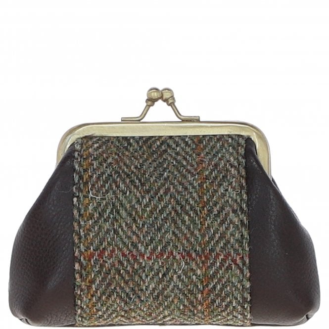Ashwood Leather & Harris Tweed® Cloth Classic kiss-lock Purse Brown/Green: TW-13-09-BG