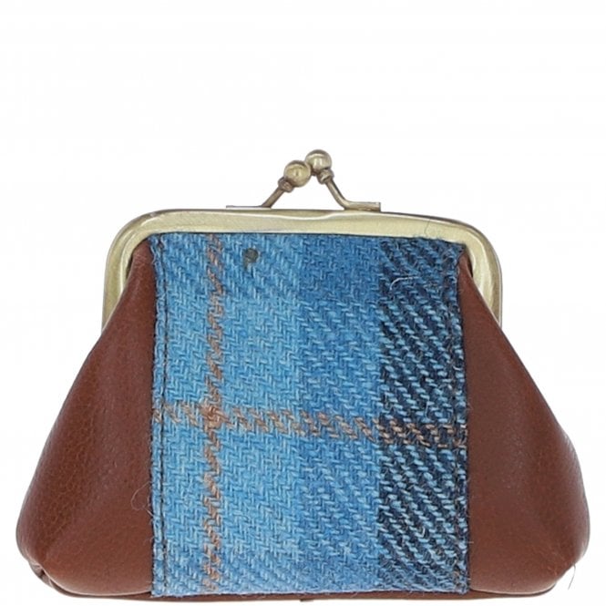Ashwood Leather & Harris Tweed® Cloth Classic kiss-lock Purse Tan/LT Blue: TW-13-05-TB