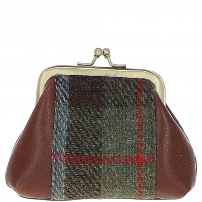 Ashwood Leather & Harris Tweed® Cloth Classic kiss-lock Purse Tan/Mcload: TW-13-02-TM