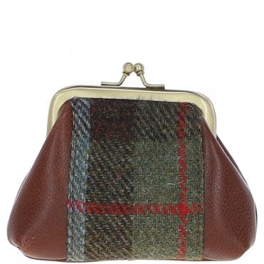Ashwood Leather & Harris Tweed® Cloth Classic kiss-lock Purse Tan/Mcload: TW-13-02-TM
