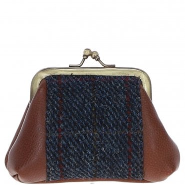 Ashwood Leather & Harris Tweed® Cloth Classic kiss-lock Purse Tan/Navy: TW-13-011-TN
