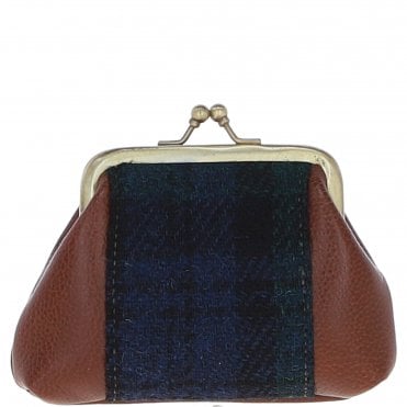 Ashwood Leather & Harris Tweed® Cloth Classic kiss-lock Purse Tan/Watch: TW-13-04-TW