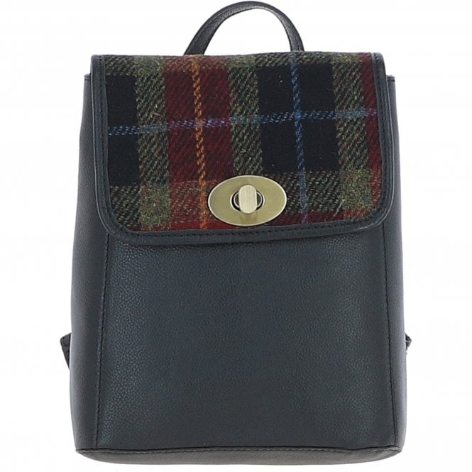 Ashwood Leather & Harris Tweed® Cloth Compact Backpack Black/Green/Red: TW-65-07-BR