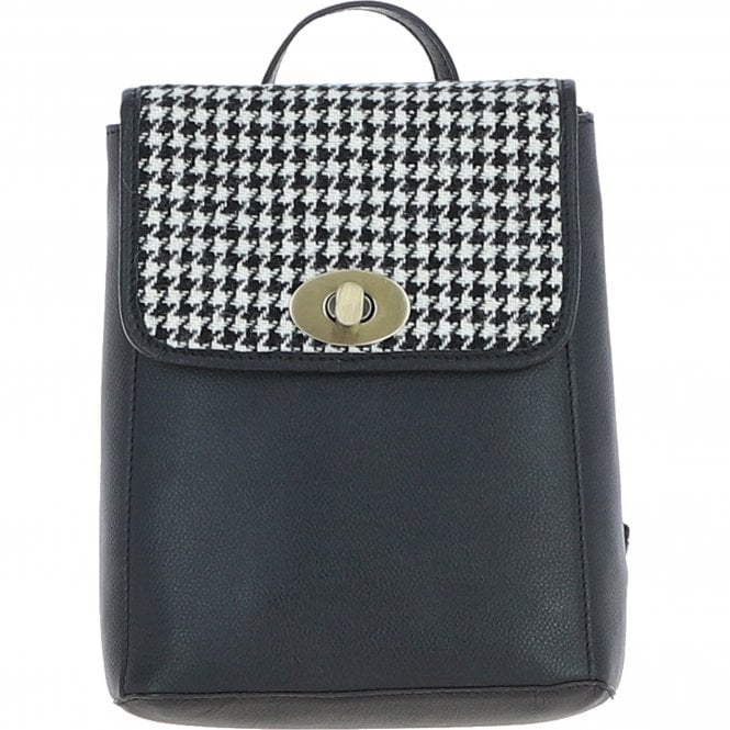 Ashwood Leather & Harris Tweed® Cloth Compact Backpack Black/White: TW-65-12-BW