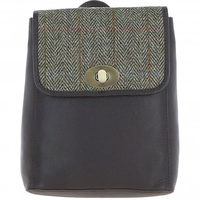 Ashwood Leather & Harris Tweed® Cloth Compact Backpack Brown/Green: TW-65-09-BG