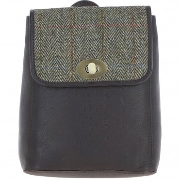 Ashwood Leather & Harris Tweed® Cloth Compact Backpack Brown/Green: TW-65-09-BG