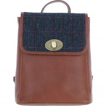 Ashwood Leather & Harris Tweed® Cloth Compact Backpack Tan/Navy: TW-65-11-TN