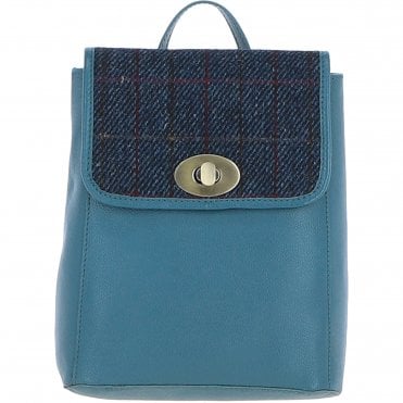 Ashwood Leather & Harris Tweed® Cloth Compact Backpack Teal/Navy: TW-65-16-TN