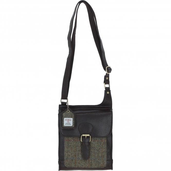 Ashwood Leather & Harris Tweed® Cloth Crossbody Bag Brown/Green: TW-24-09-BG