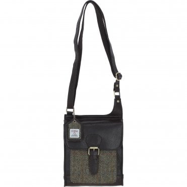 Ashwood Leather & Harris Tweed® Cloth Crossbody Bag Brown/Green: TW-24-09-BG