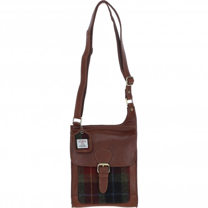 Ashwood Leather & Harris Tweed® Cloth Crossbody Bag Tan/Green/Red: TW-24-08-TR