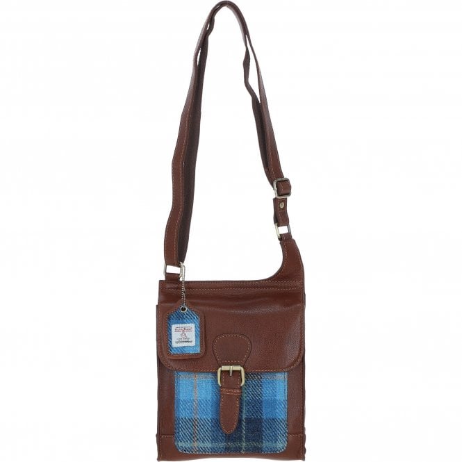 Ashwood Leather & Harris Tweed® Cloth Crossbody Bag Tan/LT Blue: TW-24-05-TB