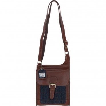 Ashwood Leather & Harris Tweed® Cloth Crossbody Bag Tan/Navy: TW-24-011-TN