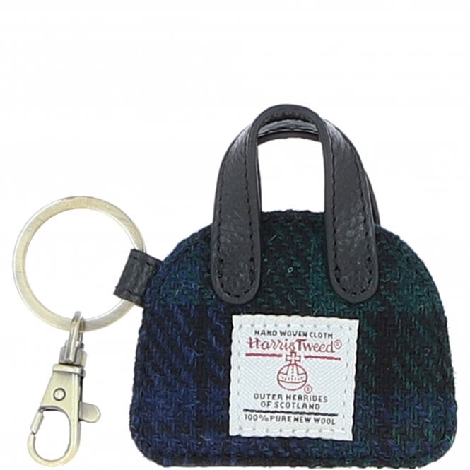Ashwood Leather & Harris Tweed® Cloth Flat Miniature Handbag Keyring Black/Watch: TW-51-03-BW