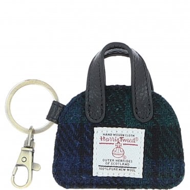 Ashwood Leather & Harris Tweed® Cloth Flat Miniature Handbag Keyring Black/Watch: TW-51-03-BW