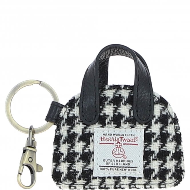 Ashwood Leather & Harris Tweed® Cloth Flat Miniature Handbag Keyring Black/White: TW-51-12-BW