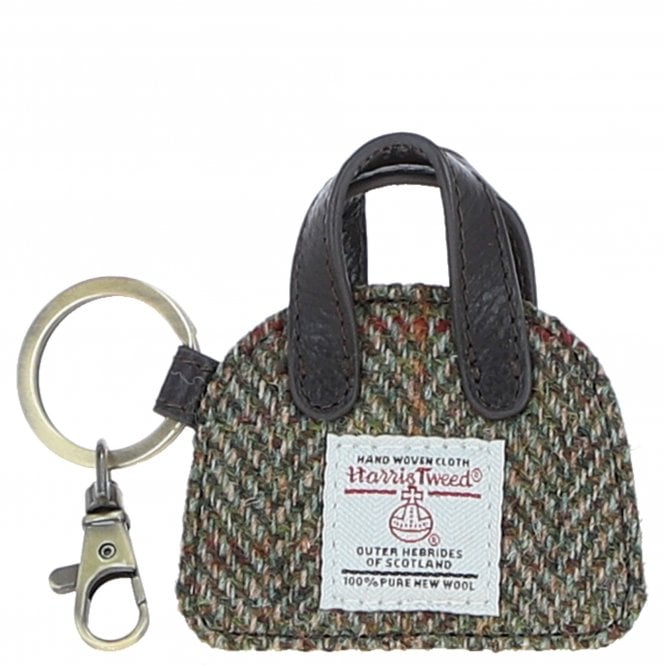 Ashwood Leather & Harris Tweed® Cloth Flat Miniature Handbag Keyring Brown/Green: TW-51-09-BG
