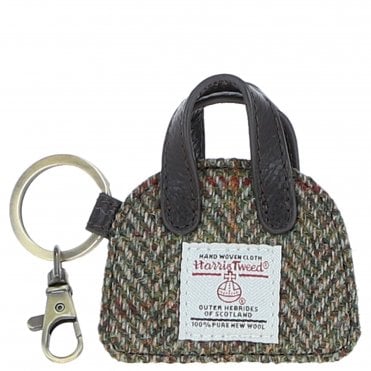 Ashwood Leather & Harris Tweed® Cloth Flat Miniature Handbag Keyring Brown/Green: TW-51-09-BG
