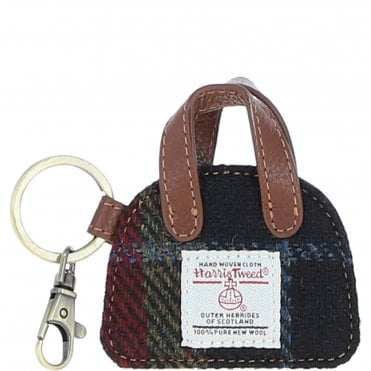Ashwood Leather & Harris Tweed® Cloth Flat Miniature Handbag Keyring Tan/Green/Red: TW-51-08-TR