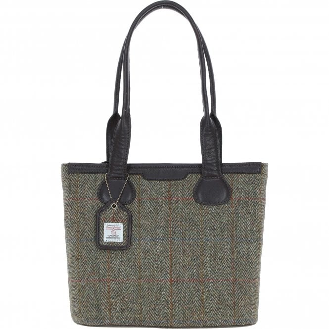 Ashwood Leather & Harris Tweed® Cloth Genuine Leather Shoulder Bag Brown/Green: TW-23-09-BG