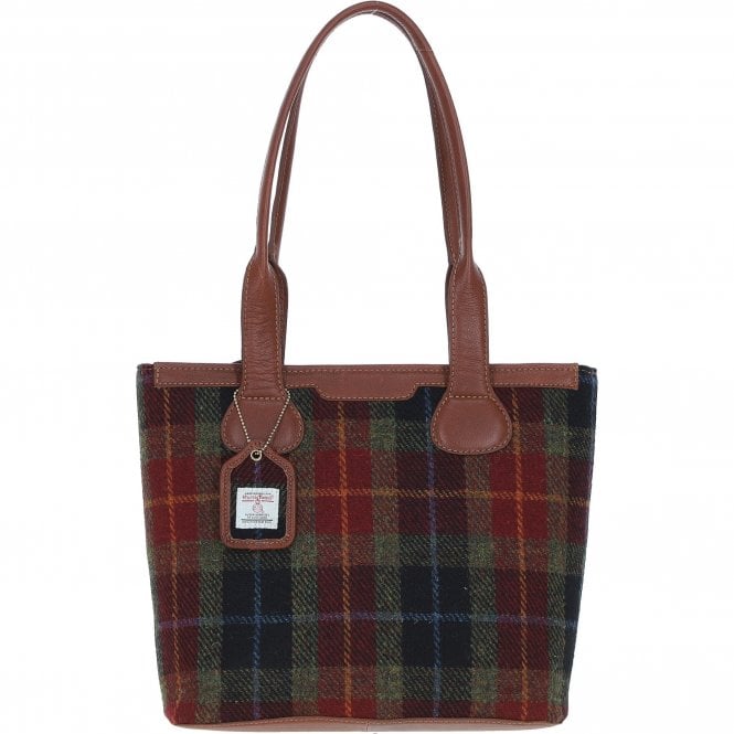 Ashwood Leather & Harris Tweed® Cloth Genuine Leather Shoulder Bag Tan/Green/Red: TW-23-08-TR