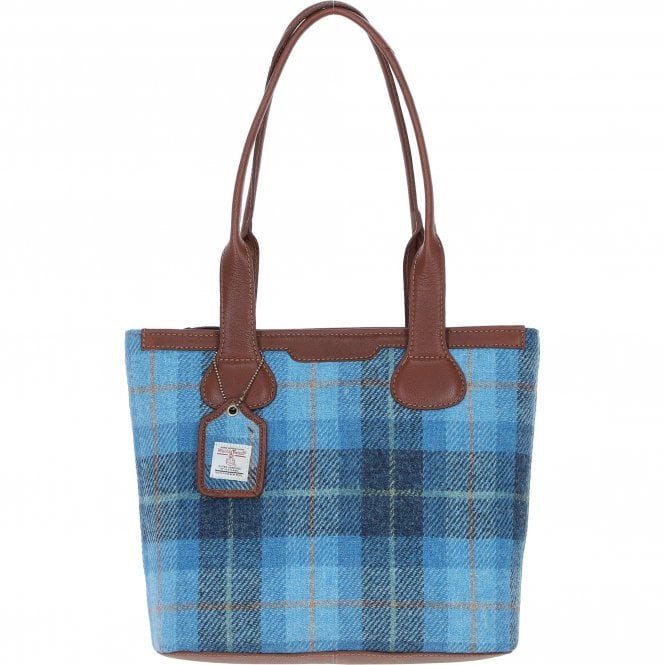 Ashwood Leather & Harris Tweed® Cloth Genuine Leather Shoulder Bag Tan/LT Blue: TW-23-05-TB