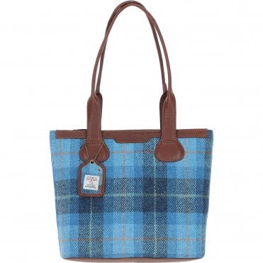 Ashwood Leather & Harris Tweed® Cloth Genuine Leather Shoulder Bag Tan/LT Blue: TW-23-05-TB