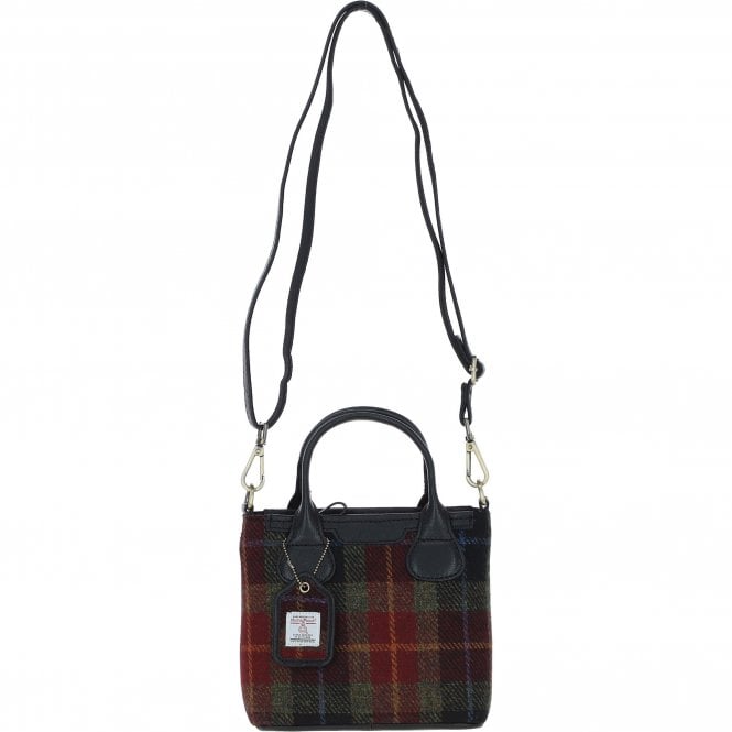 Ashwood Leather & Harris Tweed® Cloth Handbag with Removable Crossbody Strap Black/Green/Red: TW-21-07-BR