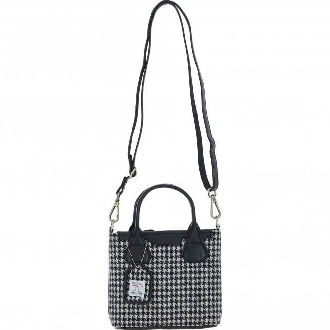 Ashwood Leather & Harris Tweed® Cloth Handbag with Removable Crossbody Strap Black/White: TW-21-012-BW