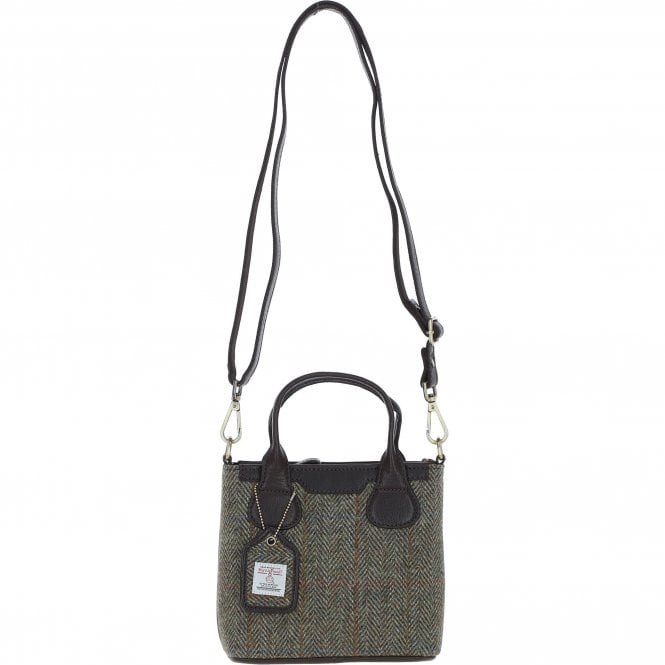 Ashwood Leather & Harris Tweed® Cloth Handbag with Removable Crossbody Strap Brown/Green: TW-21-09-BG
