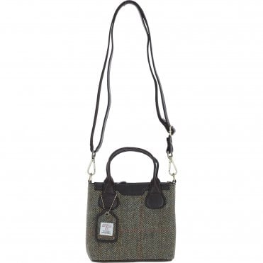 Ashwood Leather & Harris Tweed® Cloth Handbag with Removable Crossbody Strap Brown/Green: TW-21-09-BG